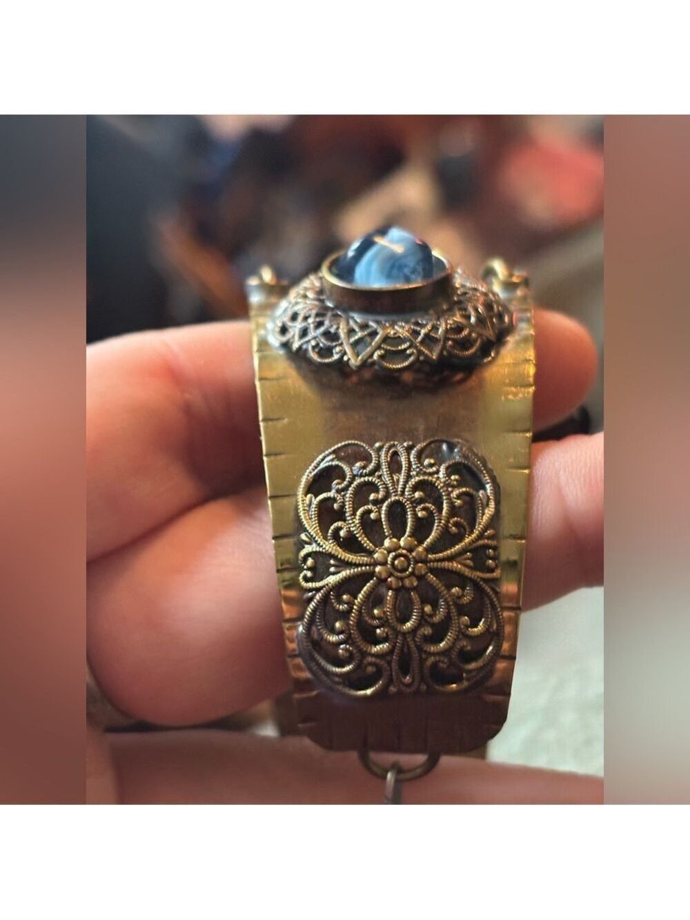 c.1930’s Art Deco Brass Filigree + Hand-Marbled Czech Glass Bracelet • Rare - Picture 12 of 16